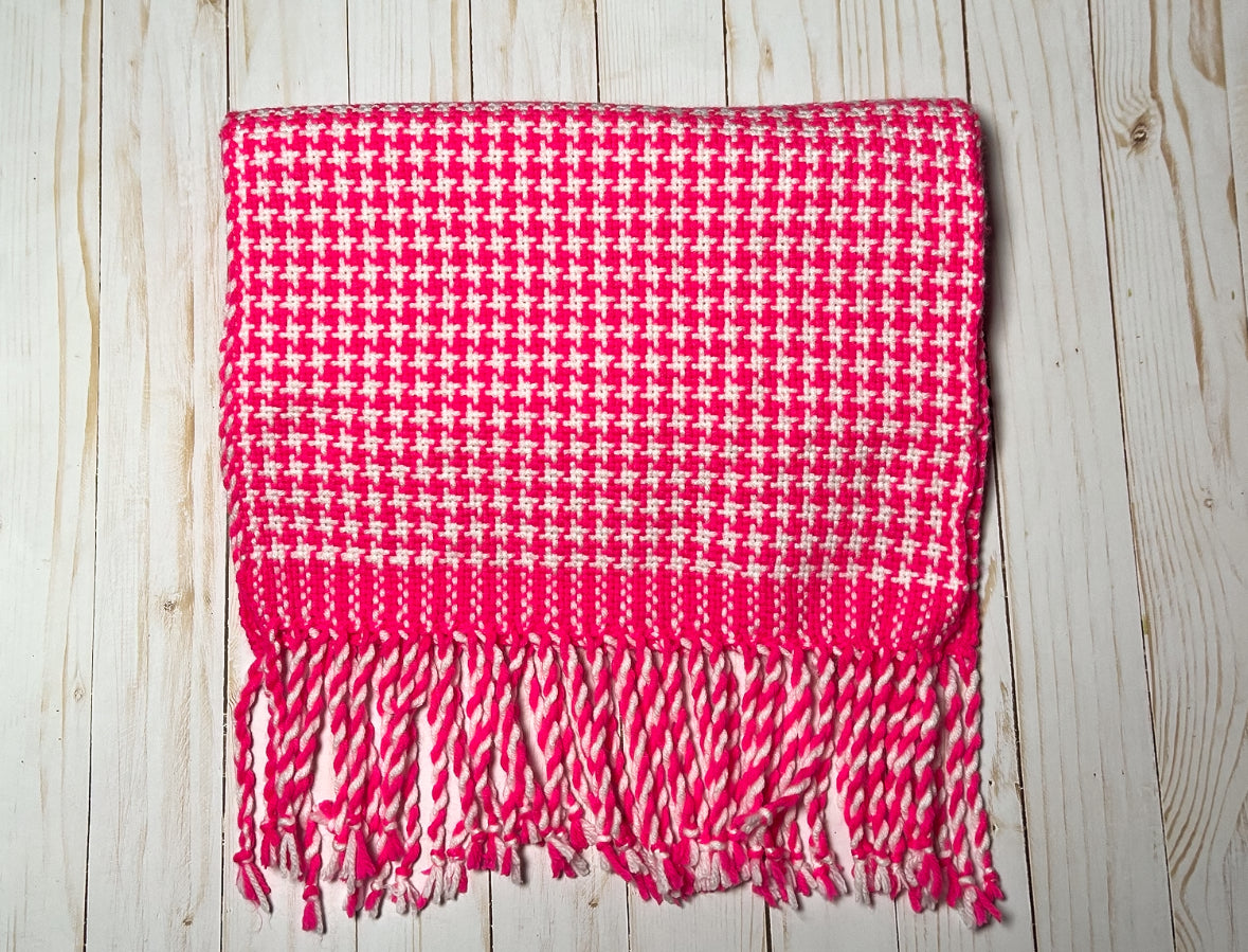 Hand-Woven Hot Pink and White Houndstooth Scarf