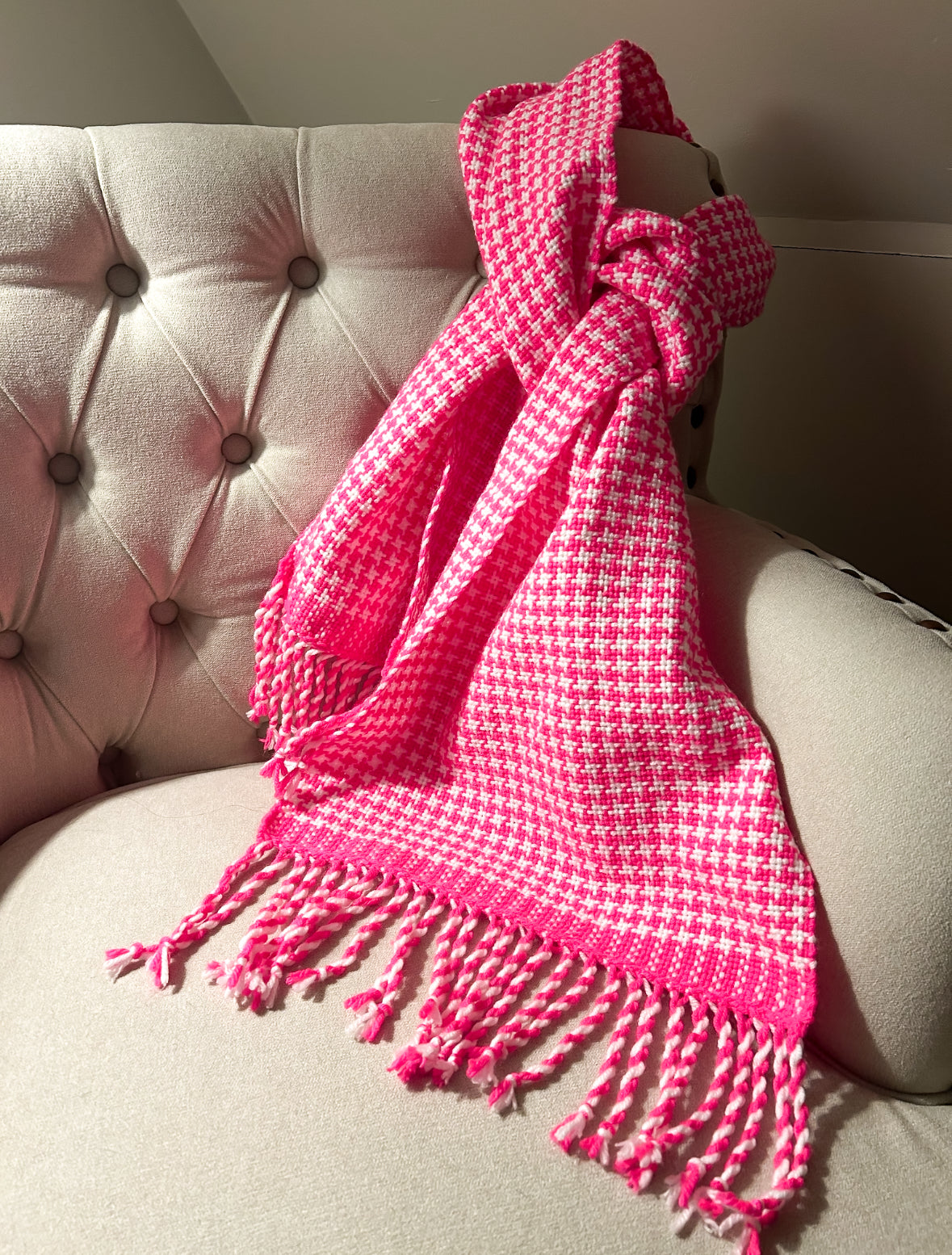 Hand-Woven Hot Pink and White Houndstooth Scarf