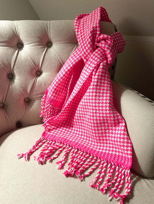 Hand-Woven Hot Pink and White Houndstooth Scarf