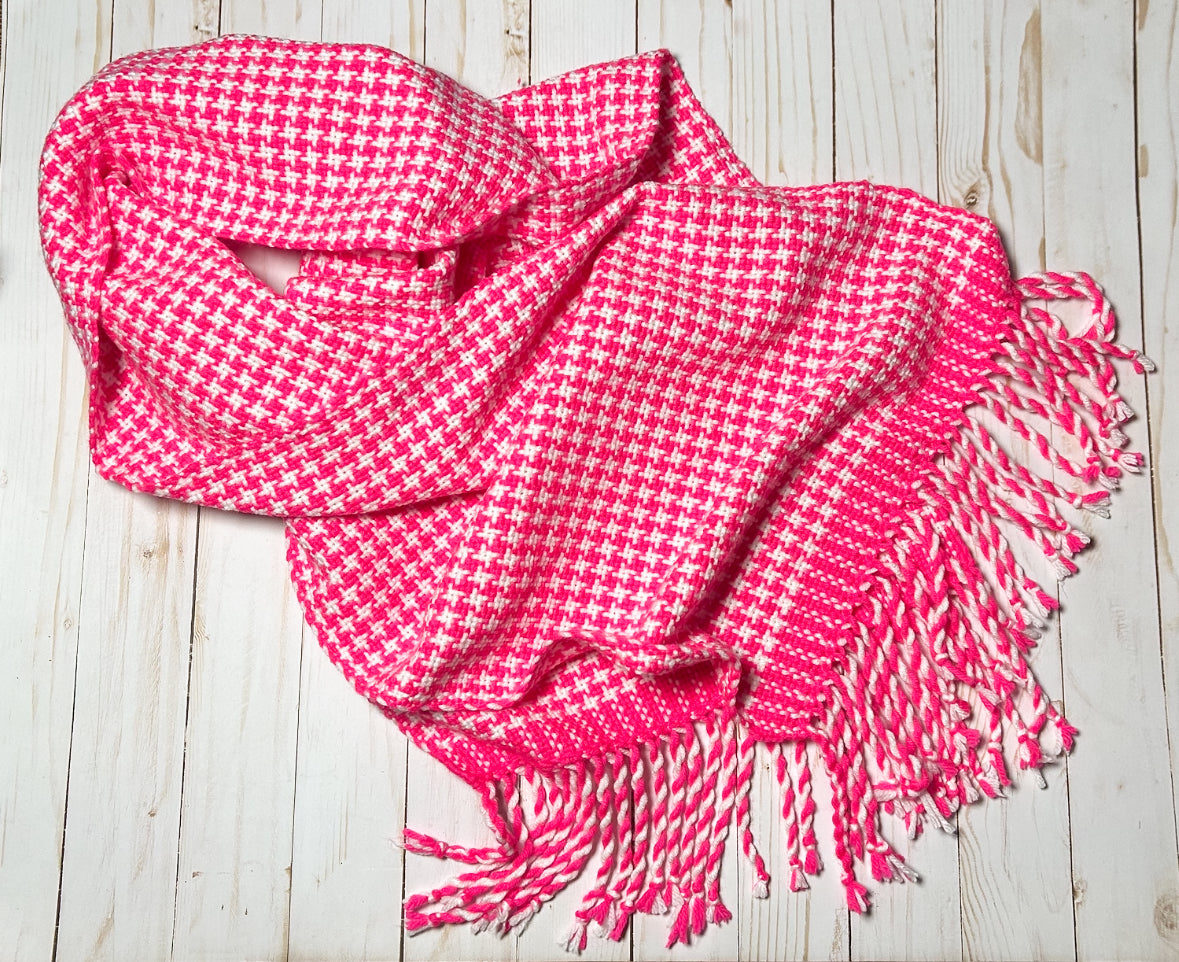 Hand-Woven Hot Pink and White Houndstooth Scarf