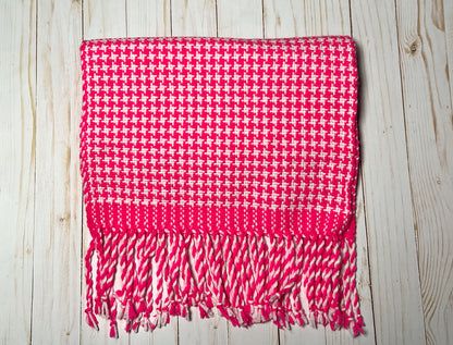 Hand-Woven Hot Pink and White Houndstooth Scarf