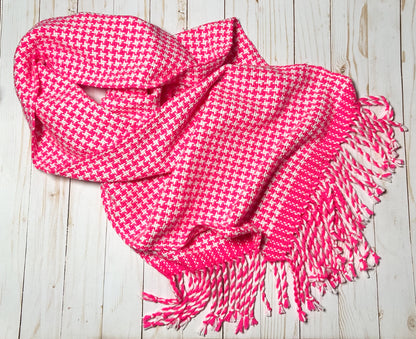 Hand-Woven Hot Pink and White Houndstooth Scarf